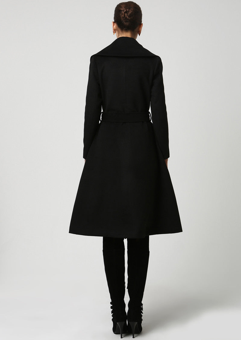 Vintage Wool Coat for Women – Handmade Black Belted Winter Coat with Double Folded Collar | Xiaolizi 1103