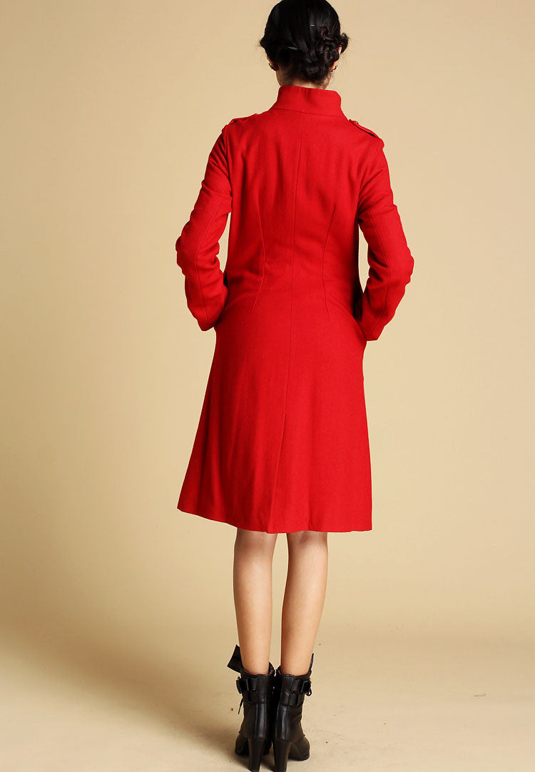 Handmade Red Wool Coat – Elegant Military Style Winter A-Line Overcoat 0343