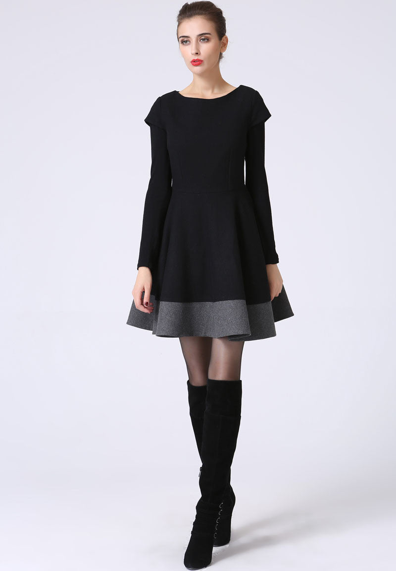 Black & Gray Wool Dress – Vintage Color Block Fit and Flare Winter Dress 1069