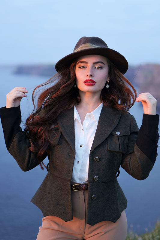 Handmade Army Green Wool Jacket – Vintage Military Short Coat with Belt | Xiaolizi 3910