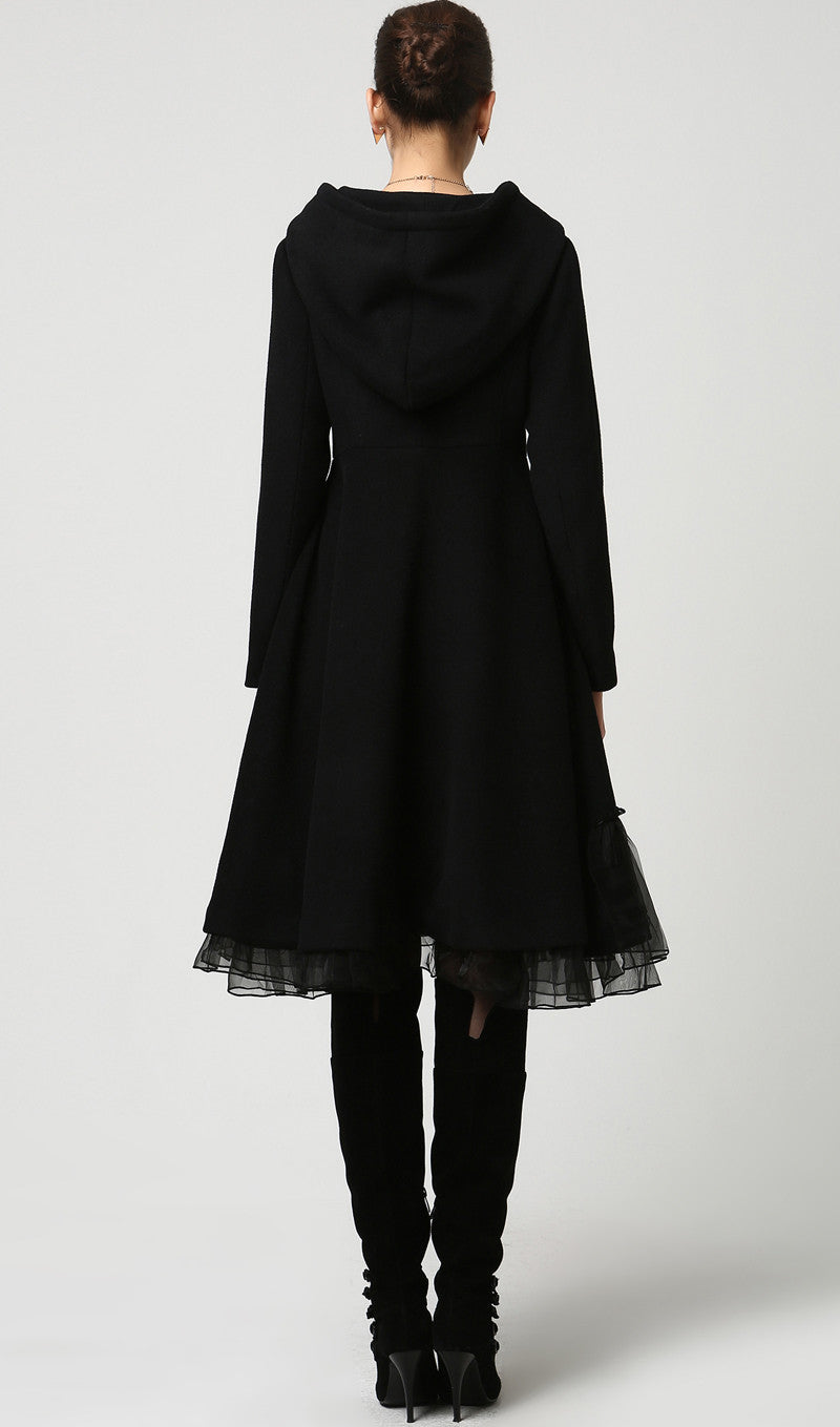 Black Wool Coat – Women’s Vintage Hooded Winter Coat with Tulle Hem 1115