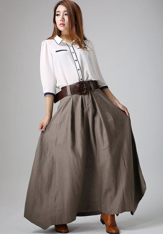 Gray Brown Linen Maxi Skirt – Handmade High Waisted Spring Skirt | Xiaolizi 0905