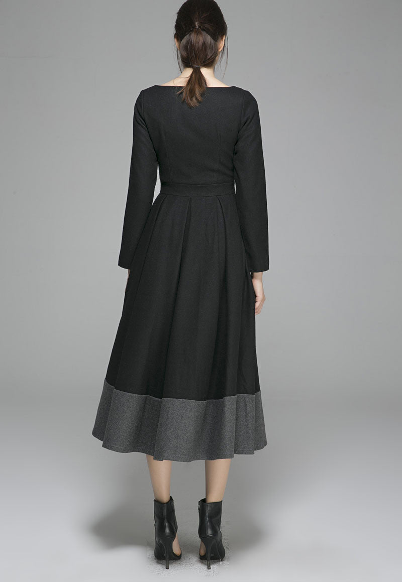 Handmade Wool Winter Dress – Black & Gray Color-Block Midi | Xiaolizi 1359