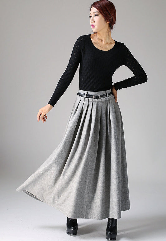 Light Gray Wool Maxi Skirt – High Waist Pleated Full-Length Skirt 1095