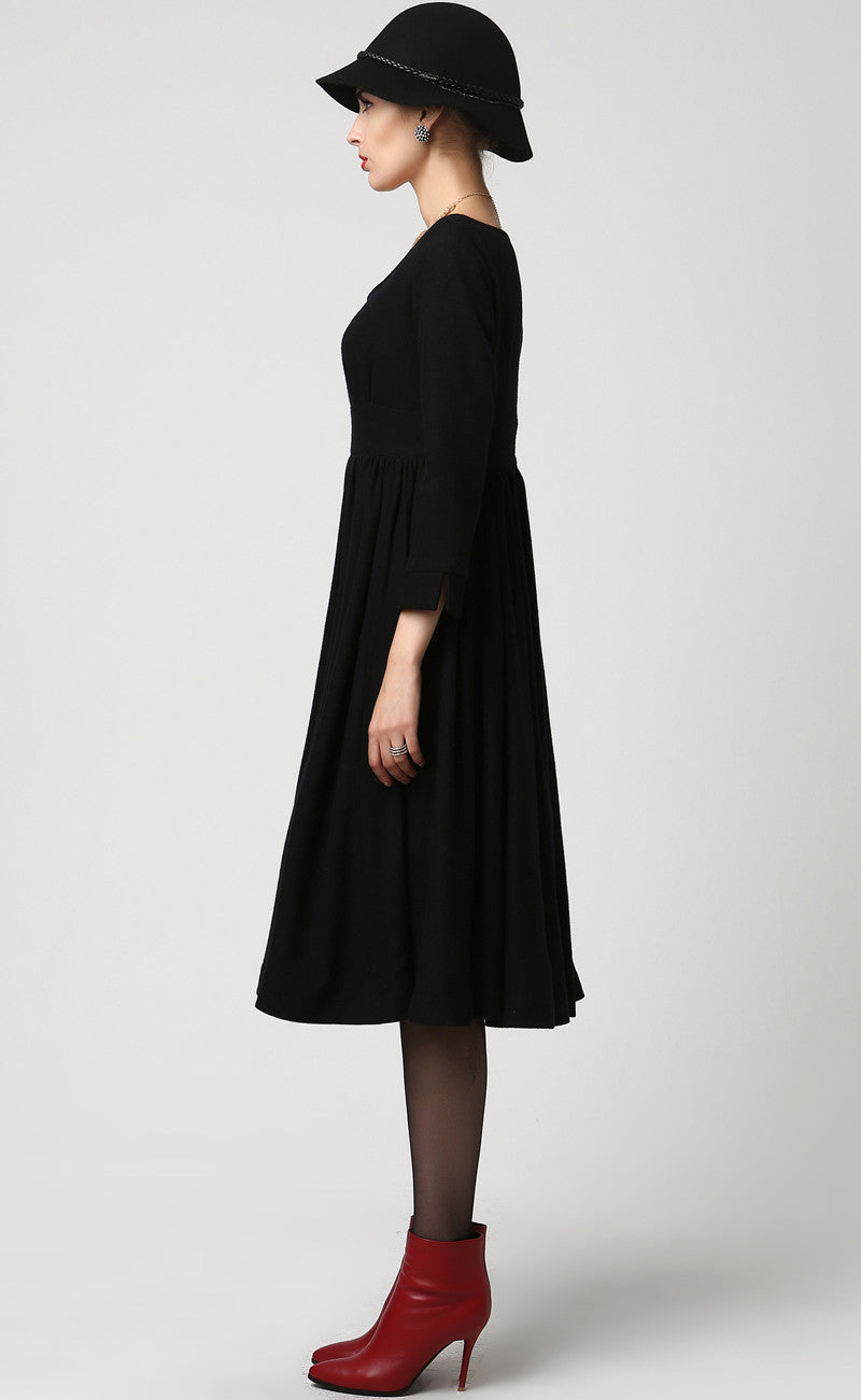 Black Wool Midi Dress – Handmade Vintage Winter Long Sleeve 1126