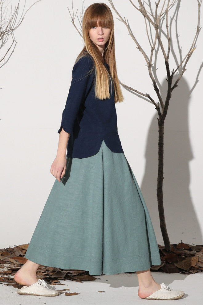 Light Green Linen Skirt – Elastic Waist Maxi Skirt with Front Buttons | Xiaolizi 1161
