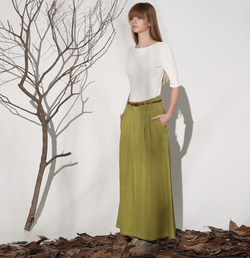Women’s Green Linen Maxi Skirt – Vintage Pleated Long Skirt with Belt Loops | Xiaolizi 1153