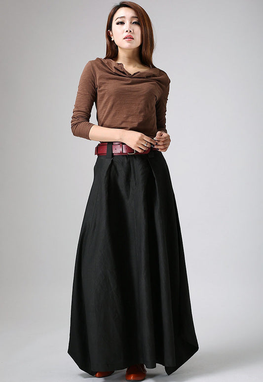 Black Linen Cotton Maxi Skirt – Handmade Custom Long Skirt for Women | Xiaolizi 0902
