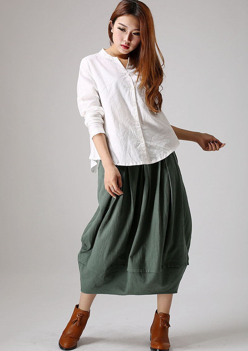 Green Linen Bubble Skirt - Pleated Midi with Pockets 870