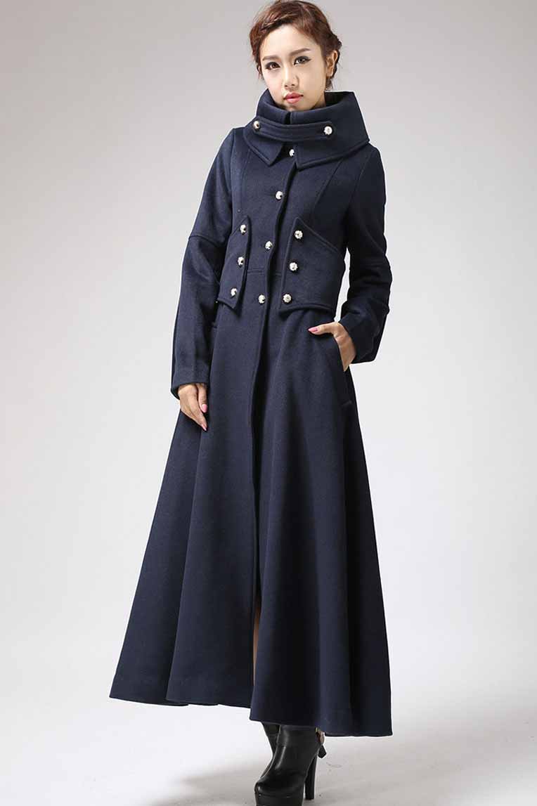 Navy Blue Wool Military Coat – Vintage Long Winter Overcoat with Silver Buttons 0701