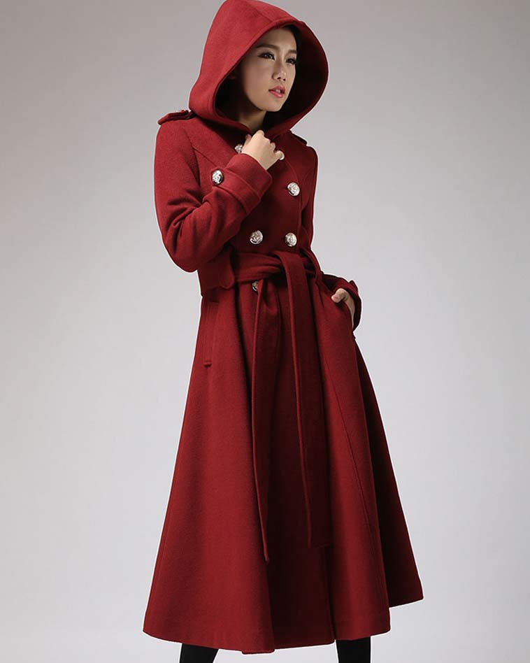 Wool Blend Hooded Swing Coat – Handmade Vintage Military Elegance 0705#
