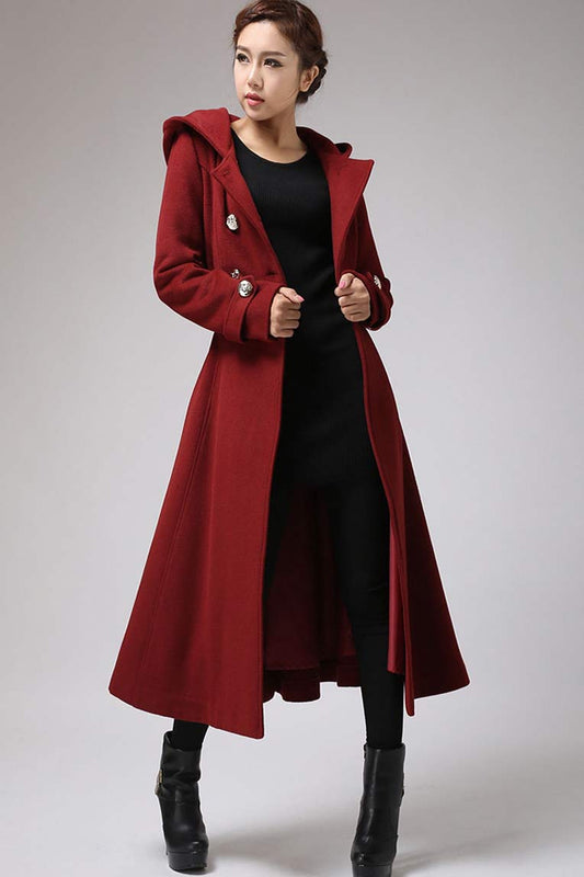 Wool Blend Hooded Swing Coat – Handmade Vintage Military Elegance 0705#