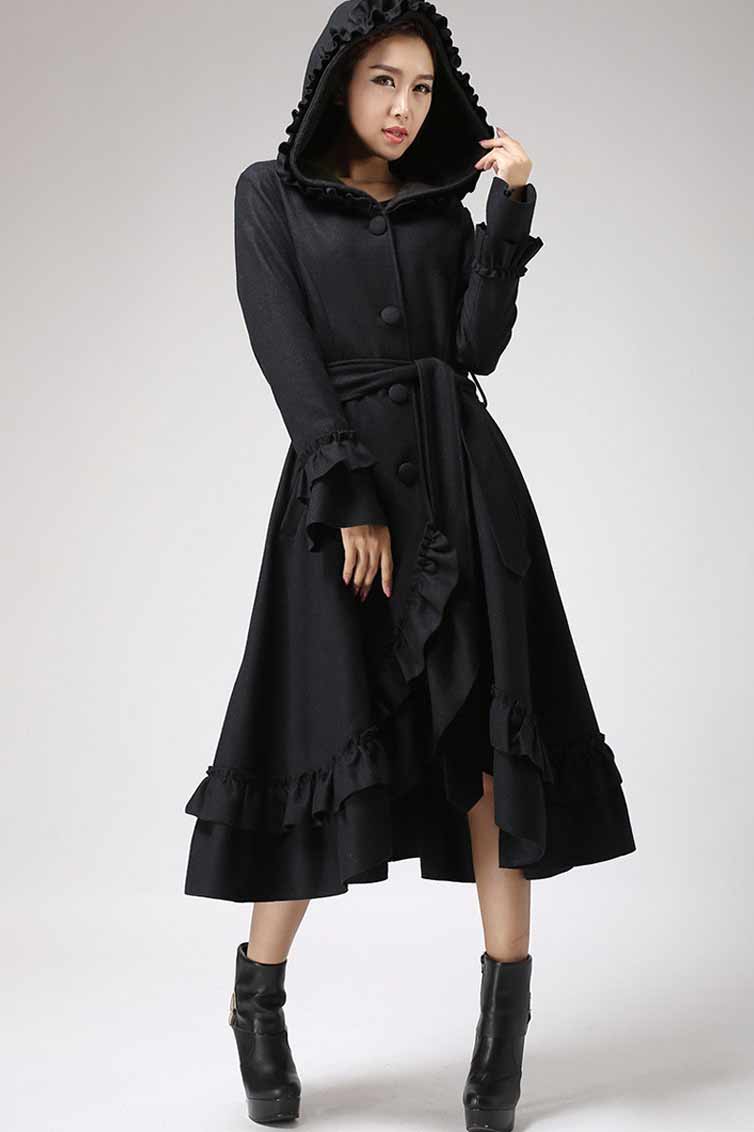 Winter Coat, Black Hooded Coat, Wool Coat, Fur Coat, Women Black Coat, Plus  Size Clothing, Oversized Coat, Gothic Clothing, Elegant Coat 