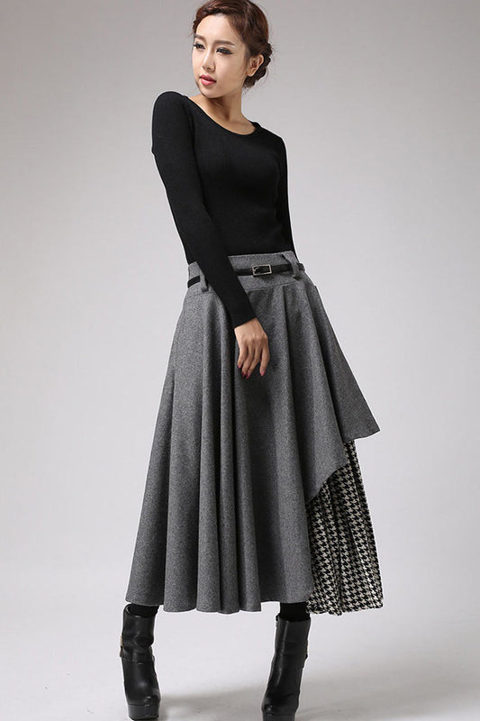 Vintage Wool Skirt Grey – Houndstooth Panel & Belted Waist – 0720