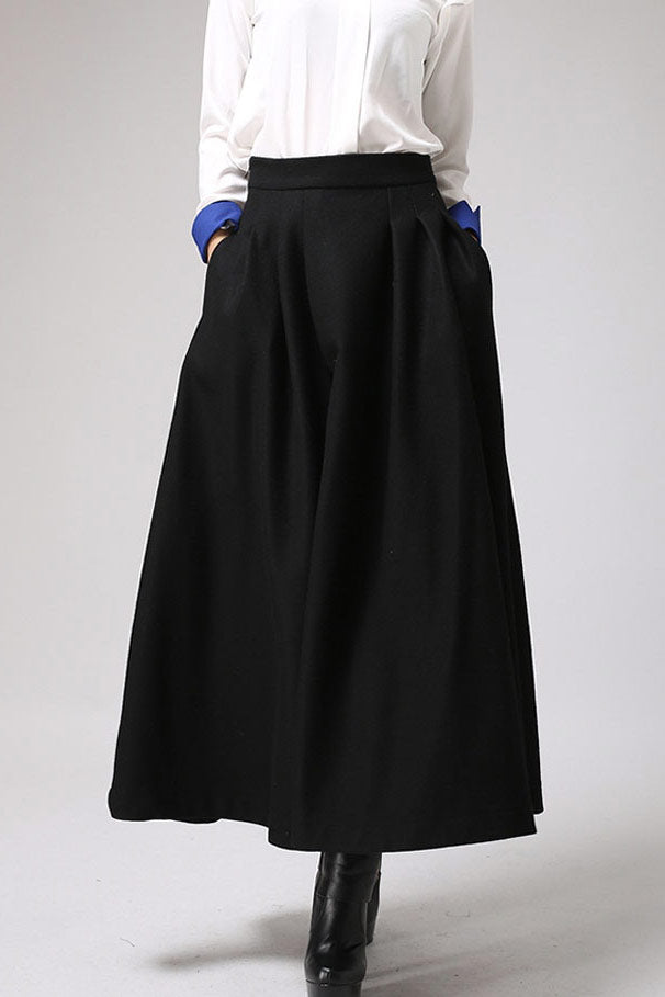 Black wool maxi skirt for winter, warm skirt with pleated wasitd