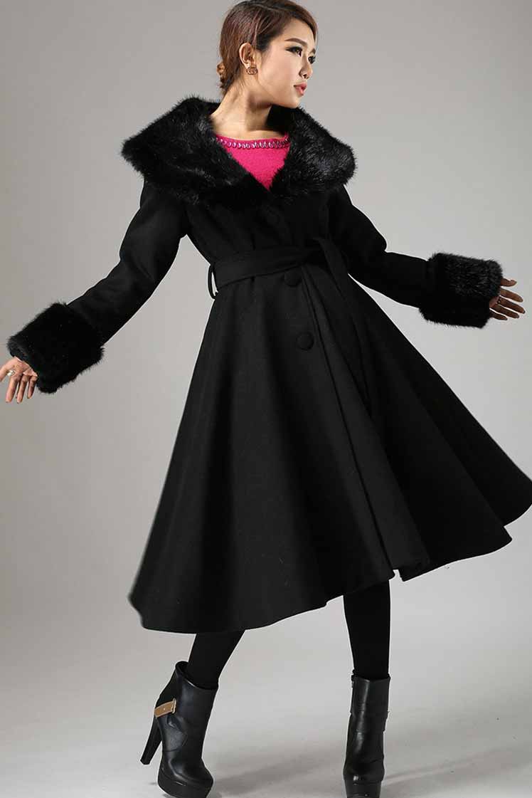 Single Breasted wool Coat with Faux Fur Collar Cuffs 0729