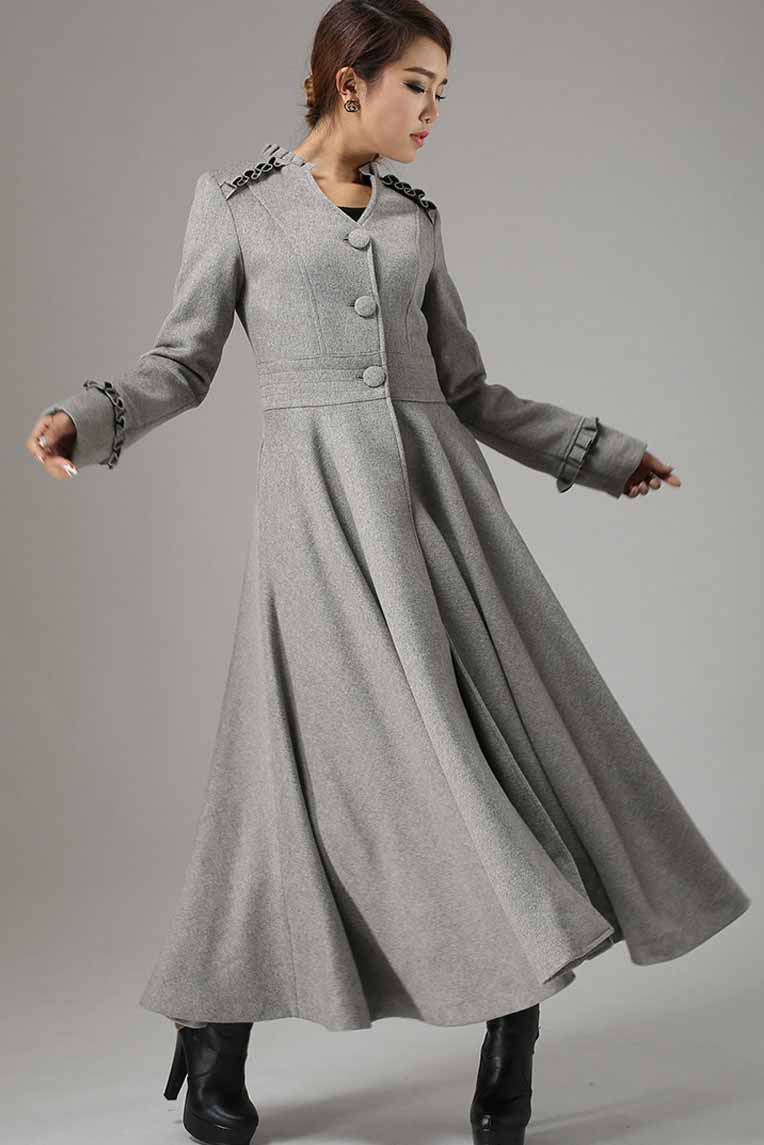 Gray Wool Maxi Coat for Women | Ruffle Trim Fit & Flare Overcoat Grey / S Gray Wool Maxi Coat for Women | Ruffle Trim Fit & Flare Overcoat Grey / S