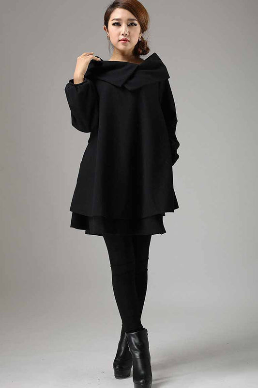Black Wool Mini Dress - Oversized Swing with Chunky Collar 733