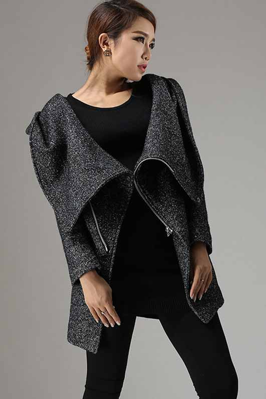 Charcoal Black Biker Wool Coat – Cowl Neck Hooded Winter Jacket | Xiaolizi 735