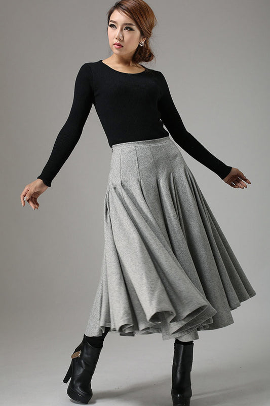 Gray Wool Midi Skirt – Vintage High Waist Flared Winter Skirt for Women 0748