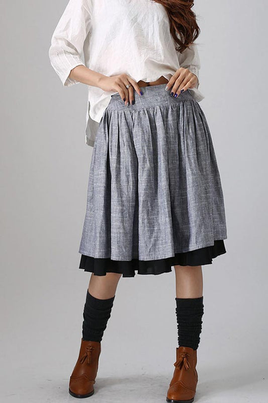 Gray Linen Cotton Blend Midi Skirt - Pleated Waist with Black Layered Hem 777