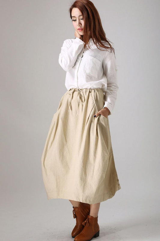 Casual Linen Skirt – Handmade Mid-Calf with Drawstring & Side Pockets | Xiaolizi 77912