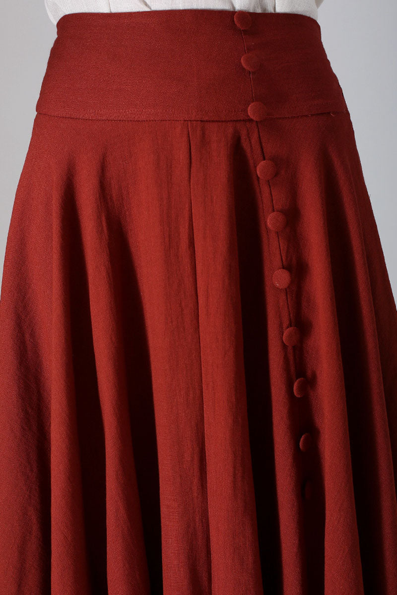 Red Linen Cotton Midi Skirt - 50s Swing Circle with Button Detail 781