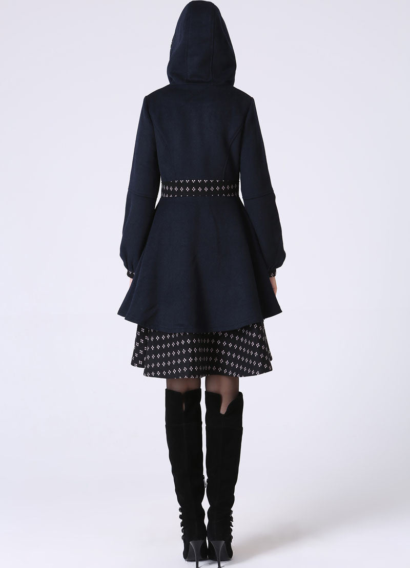 Vintage Hooded Wool Coat – Unique Contrast Trim & Flared Hem 1059