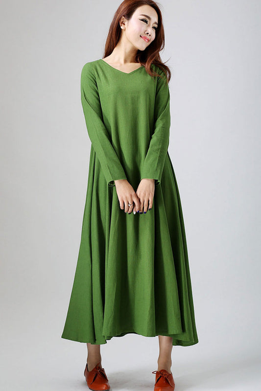 Casual dress woman green linen dress (789)