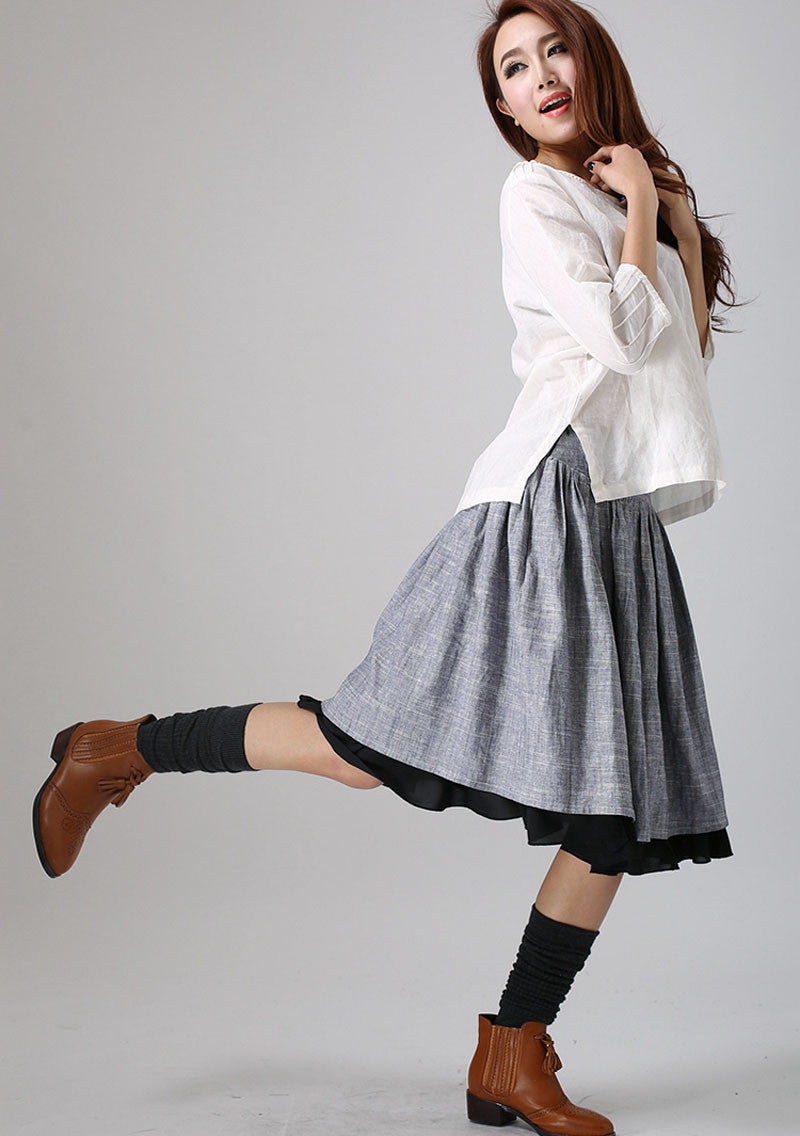 Gray Linen Cotton Blend Midi Skirt - Pleated Waist with Black Layered Hem 777