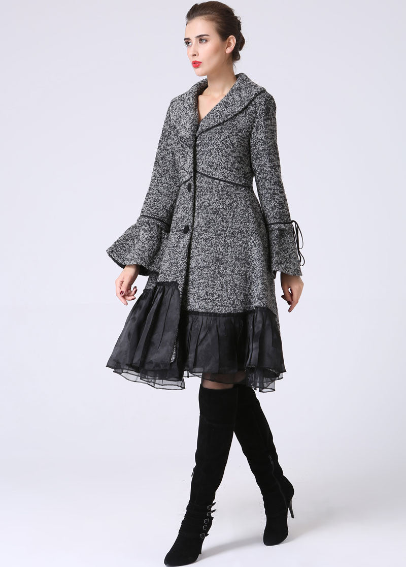 Wool Blend swing Jacket coat with Cowl Neckline, Bell Cuffs and Ruffle Trim Hem 1052#