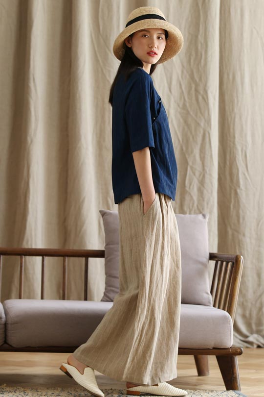 New style loose little above ankle length linen wide leg pants for