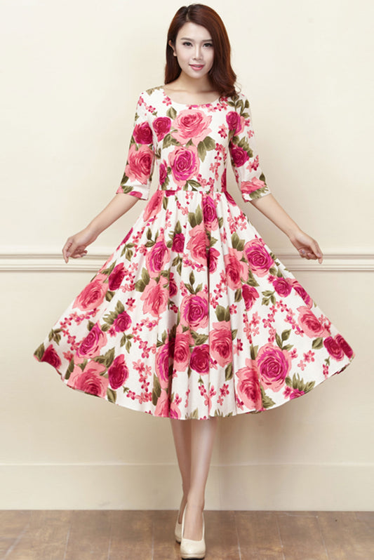 Cotton And Linen Calico Midi Dress 3421