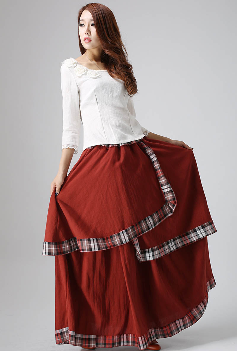 Red Linen Blend Maxi Skirt - Elastic Waist, Plaid Trim 818