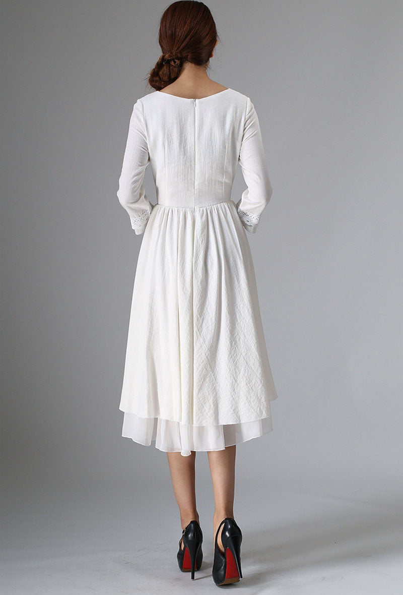 Women's White Drawstring waisted white Linen Bridal Dress 0960#