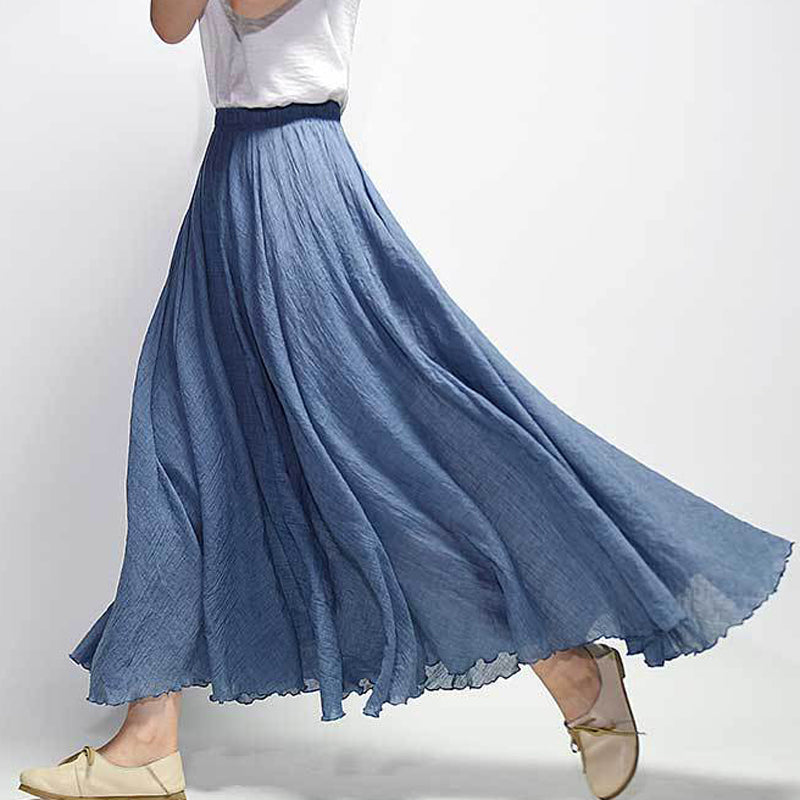 Blue Linen Cotton Maxi Skirt - Flowy Elastic Waist 2718