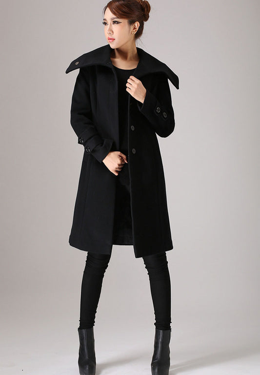 Black Wool Coat – High Collar Minimalist Winter Overcoat with Belted Cuffs 751