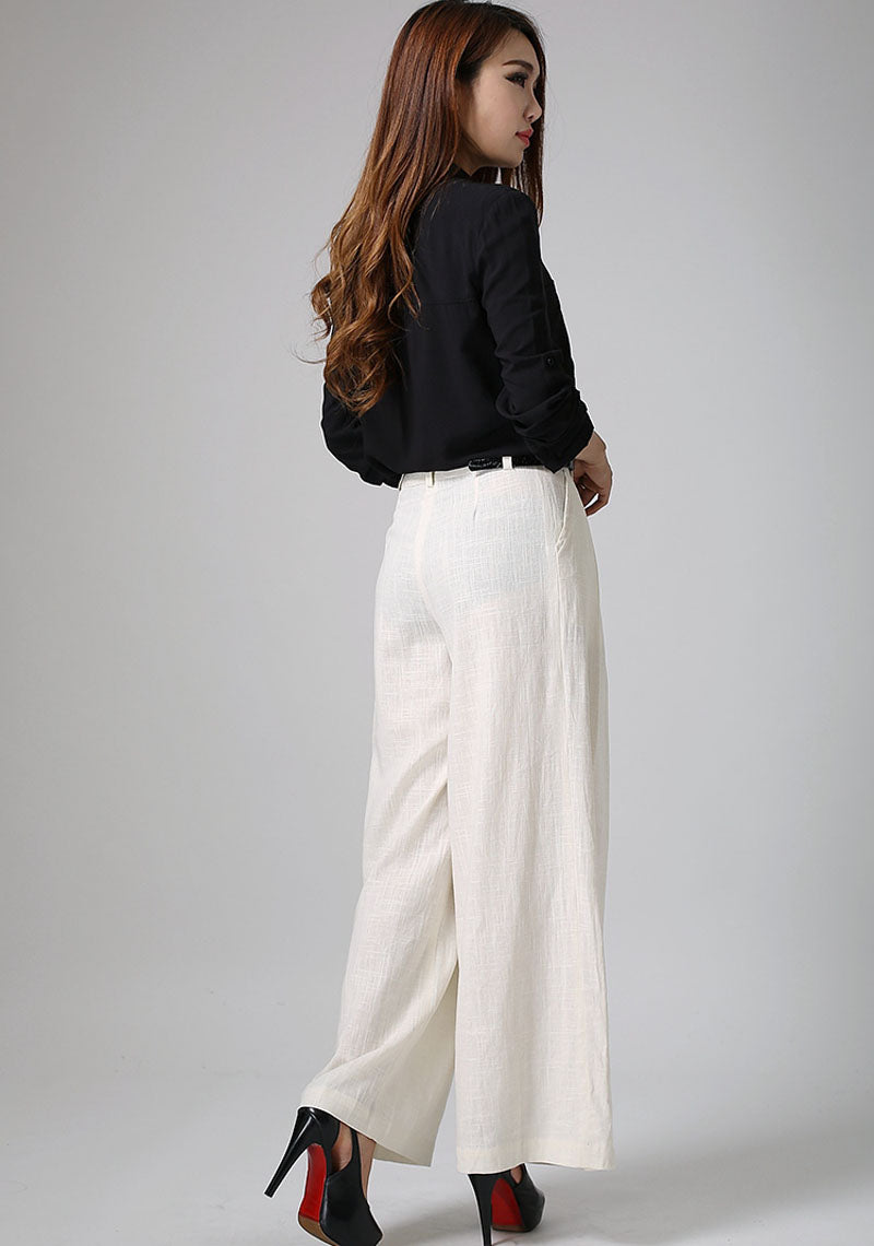 White Linen Cotton Palazzo Pants - Wide Leg Ankle | Xiaolizi 0916