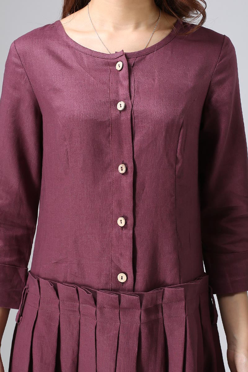 Purple Linen Maxi Dress - Pleated Skirt 3/4 Sleeves | Xiaolizi 802