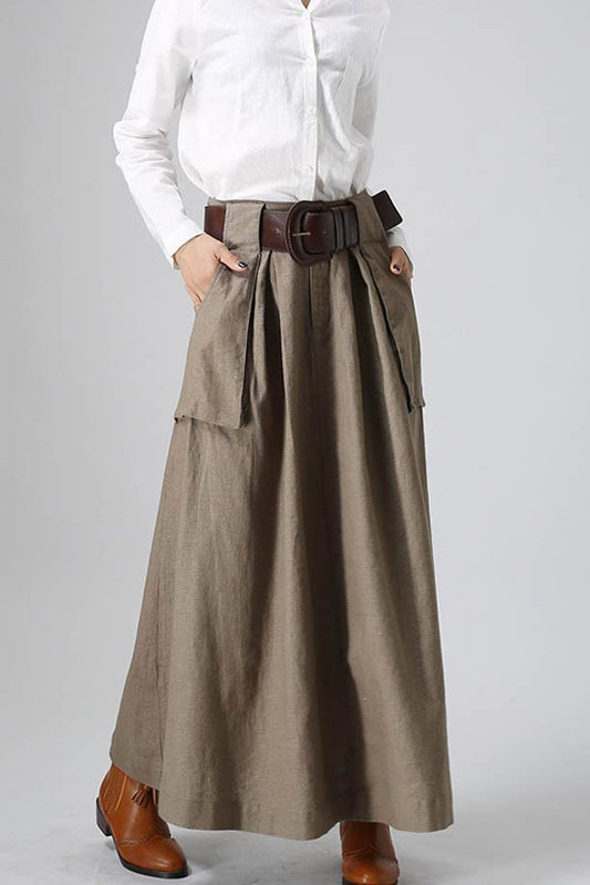Khaki Linen Maxi Skirt – Vintage High Waist Long Skirt with Large Pockets 0820