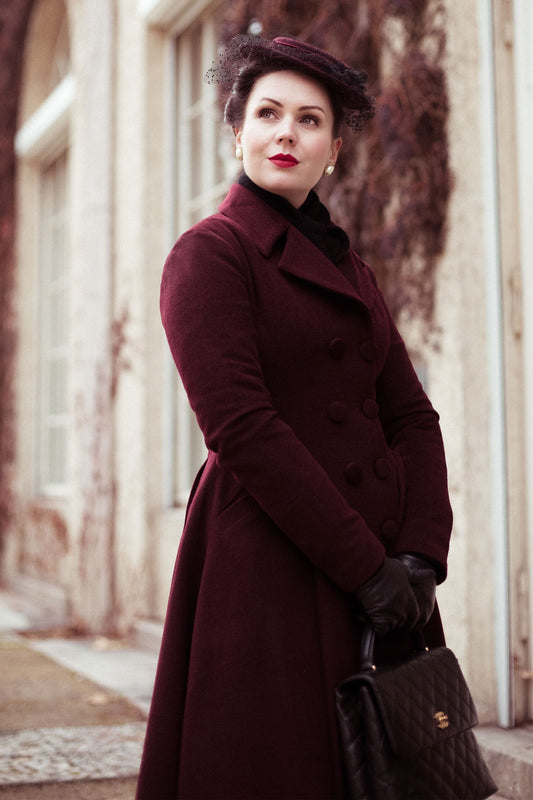 Elegant Burgundy Wool Blend Coat – Handmade A-Line Long Winter Overcoat | Xiaolizi 4124