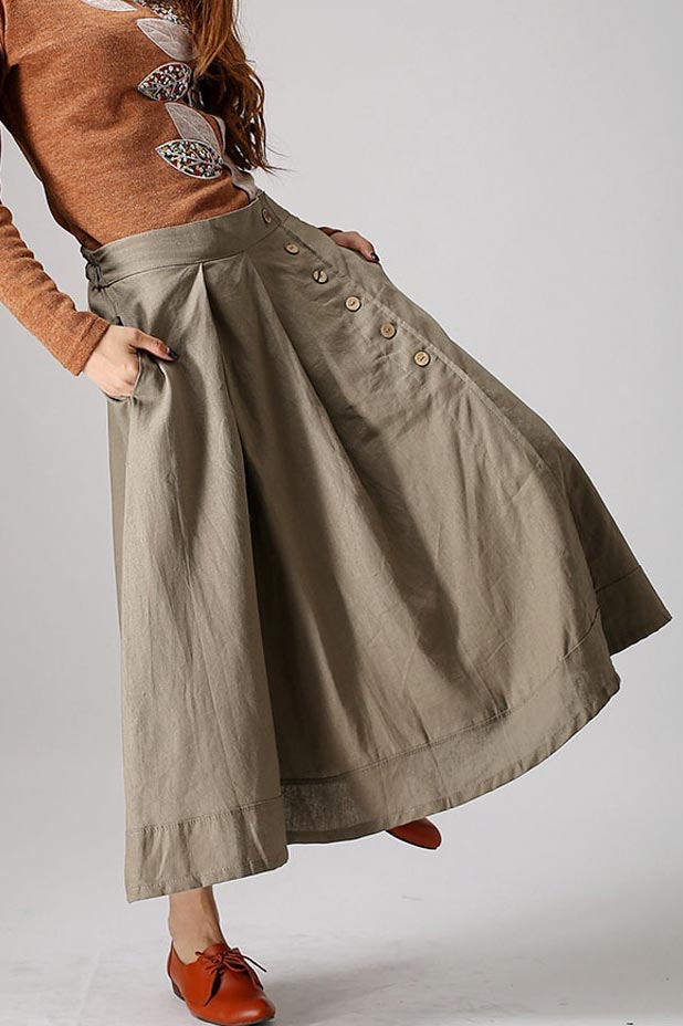 Women’s Khaki Linen Blend Maxi Skirt – Handmade Button Detail Spring Skirt Xiaolizi 0857