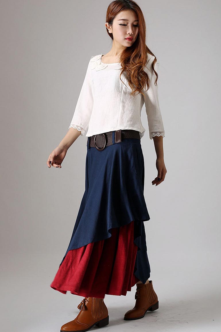 Navy Linen Layered Maxi Skirt - Pleated, Side Zip, Pockets 869