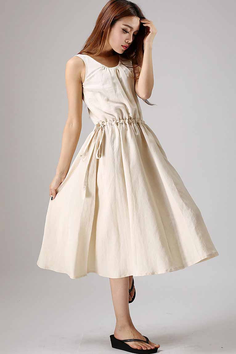 Handmade Ivory Linen Cotton Dress Sleeveless Drawstring Midi | Xiaolizi 0879 Beige / M Handmade Ivory Linen Cotton Dress Sleeveless Drawstring Midi | Xiaolizi 0879 Beige / M