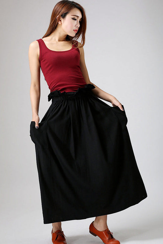 Retro Maxi Skirt Black Linen – Elastic Waist & Patch Pockets – 0898