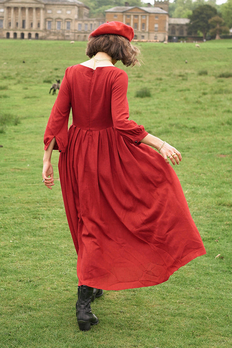 Women A Line Red Pleated Maxi Linen Dress 3576