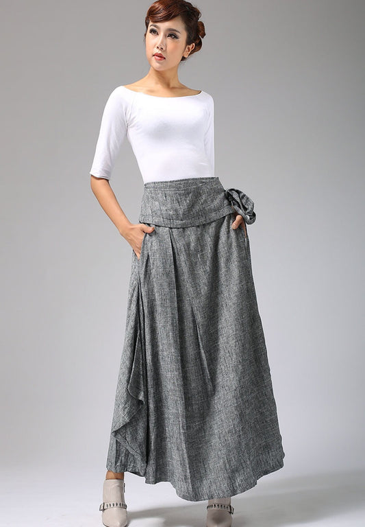 Gray Linen Cotton Maxi Skirt – Handmade Wrap Skirt with Belt 0689#