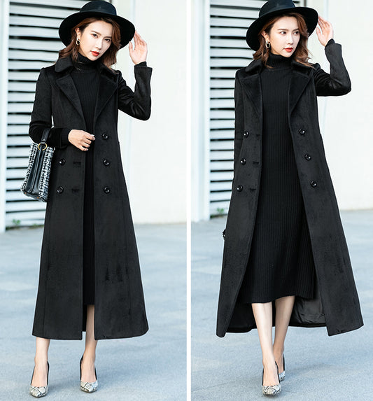 Wool Blend A-Line Coat – Vintage Double-Breasted Midi Winter Overcoat 246101