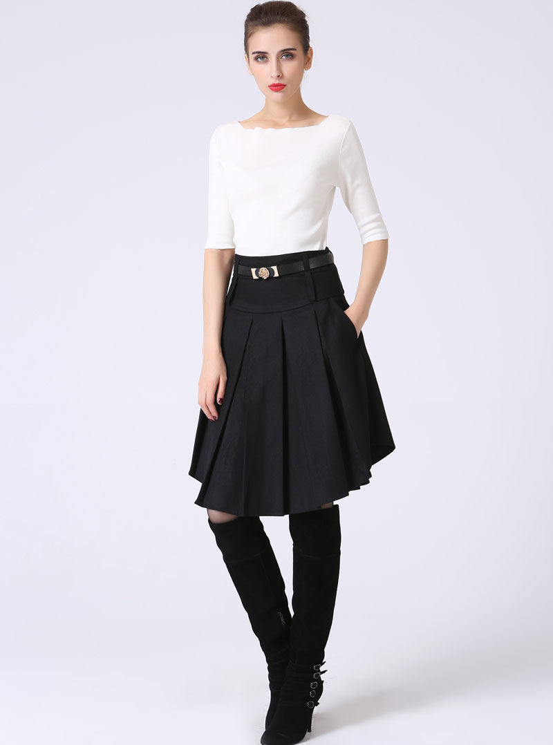 Dark Gray Wool Mini Skirt – Vintage Asymmetrical Pleated Skirt with Pockets 0359