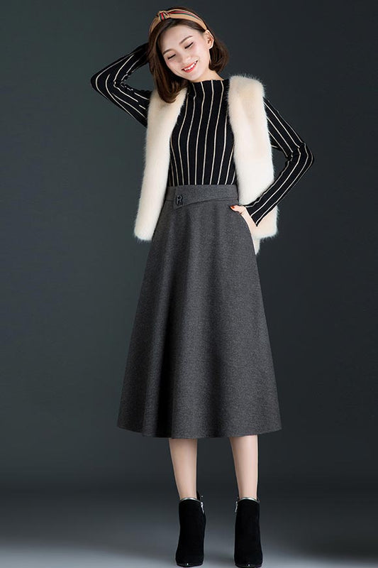 Gray Polyester Mid Calf A-Line Skirt - High Waist Winter Style CYM318